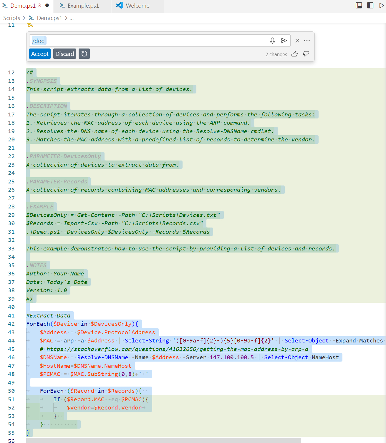 A screenshot shows PowerShell code with extensive documentation generated by GitHub Copilot