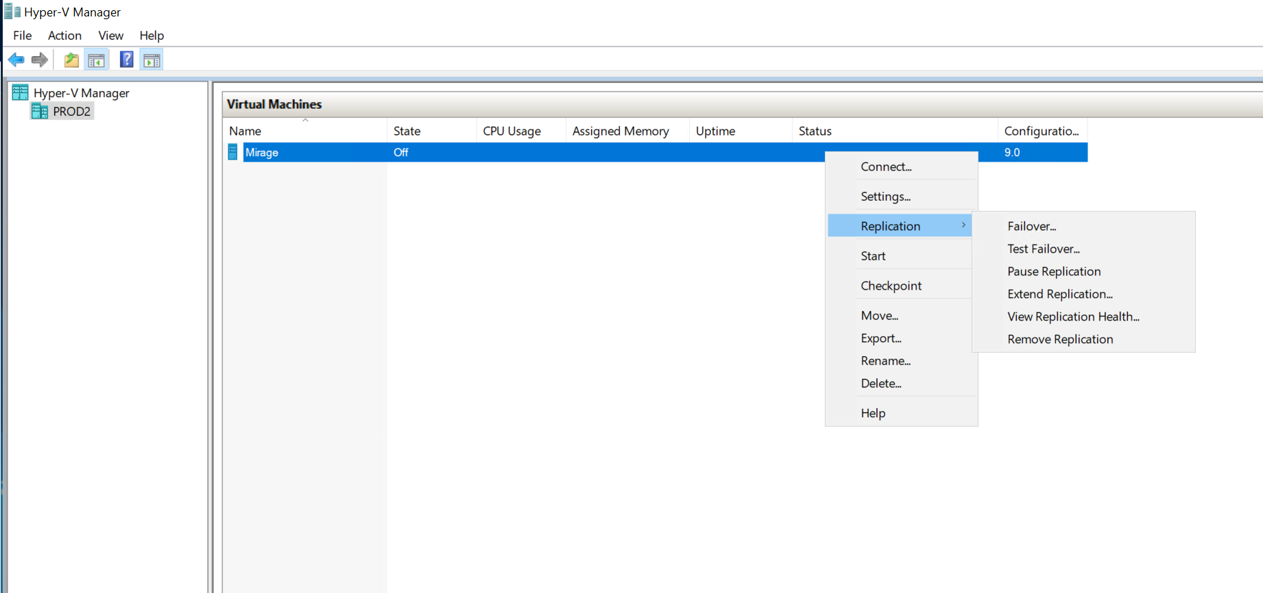 Hyper-V Manager console shows the Remove Replication menu option