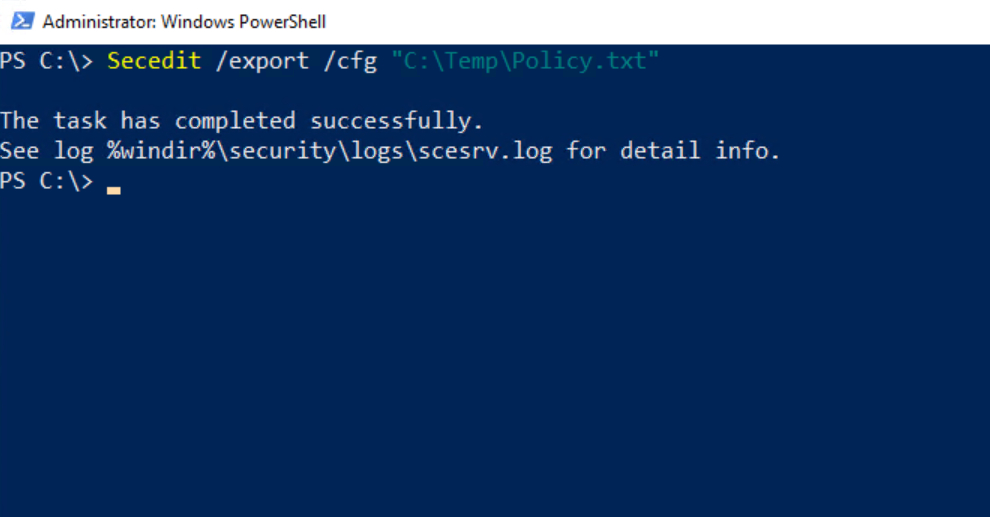 PowerShell showing the exported security configuration text file