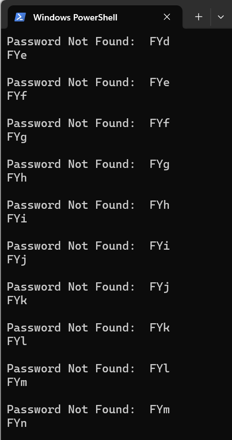 The screenshot shows a PowerShell script cycling through possible password combinations