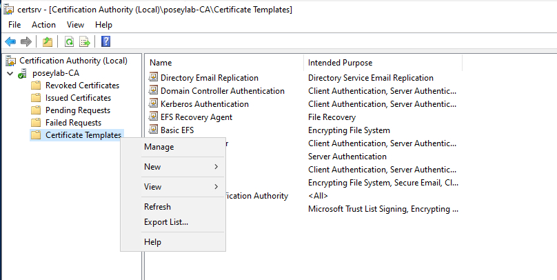 Screenshot shows Certificate Templates folder and the Manage command on a dropdown menu