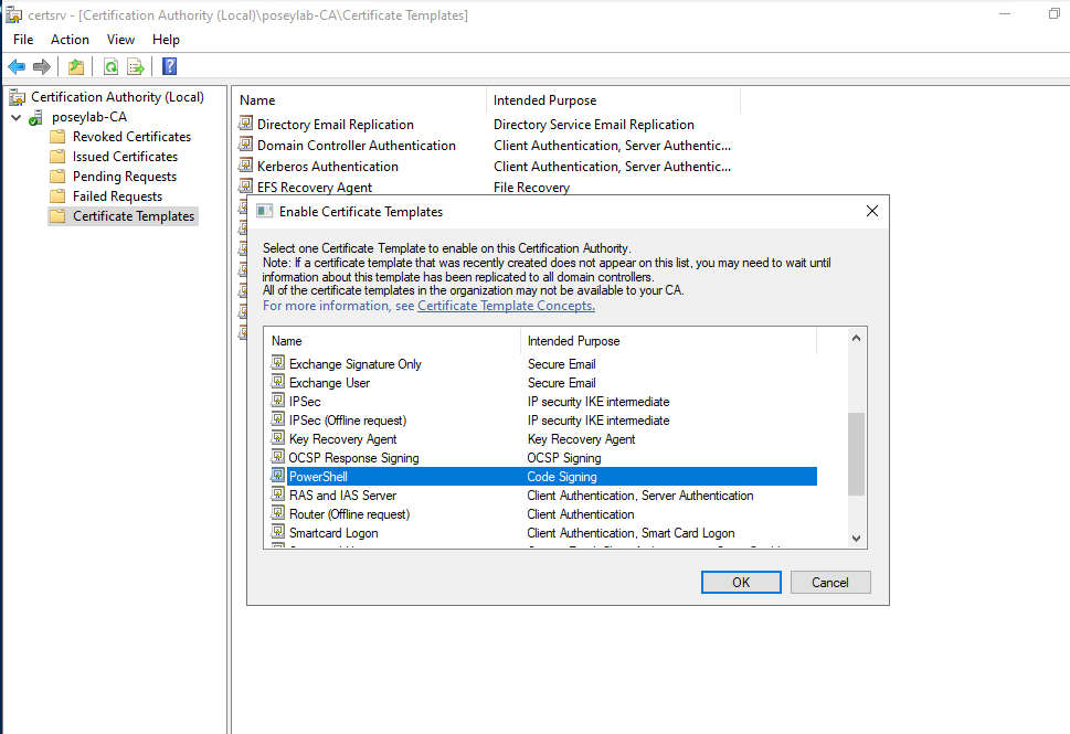 Screenshot shows Enable Certificate Templates window and PowerShell certificate template selected
