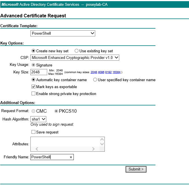 Screenshot of Advanced Certificate Request box
