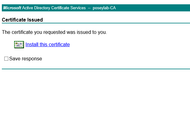 Screenshot of Microsoft Active Directory Certificate Services box showing certificate issued