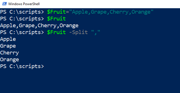 PowerShell screenshot shows how to split a string when the delimiter is not a space