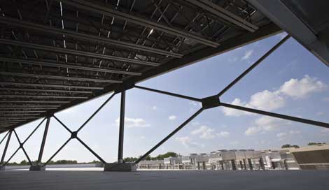 The view from under the solar array, which faces south and is angled to capture sunlight. 