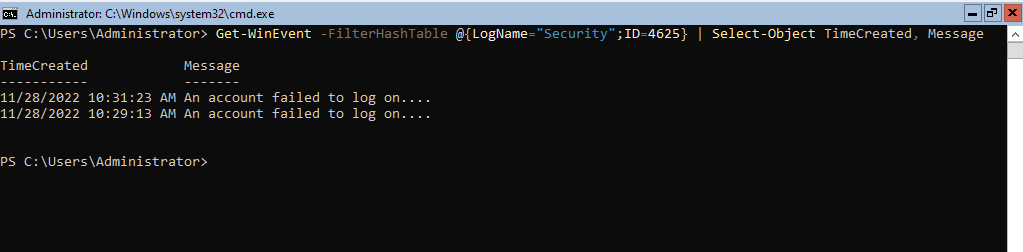 PowerShell screenshot shows truncated output with a message that says "An account failed to log on ..." 