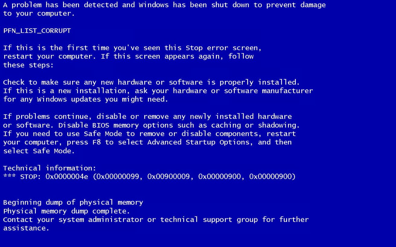 Screenshot of the blue screen of death