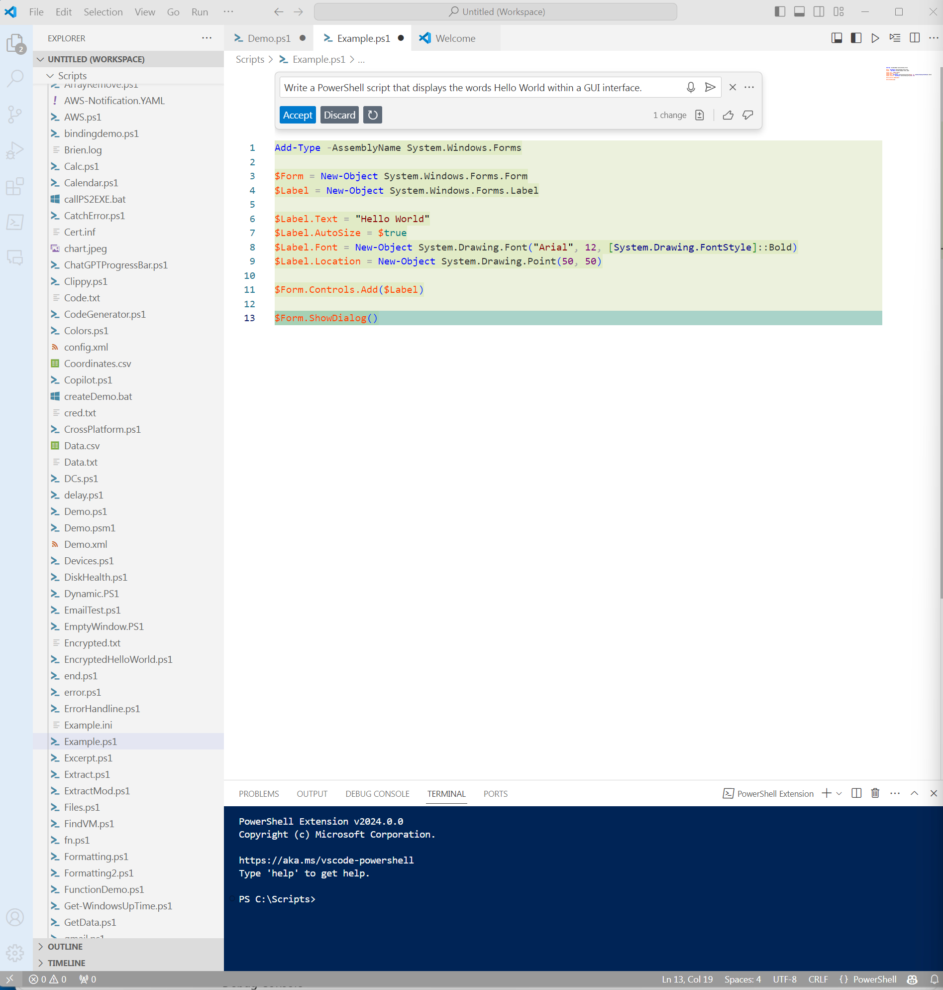 A screenshot shows a PowerShell script generated by GitHub Copilot