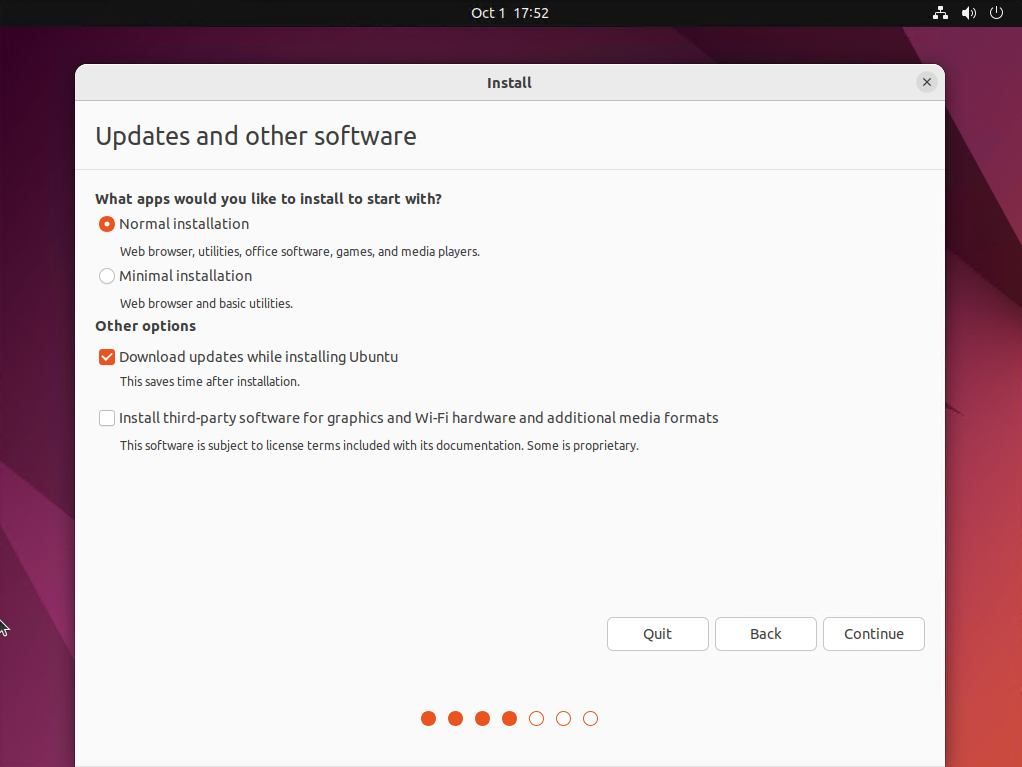 Screenshot of Ubuntu menu asking what apps you would like to install, with Normal and Minimal installation options