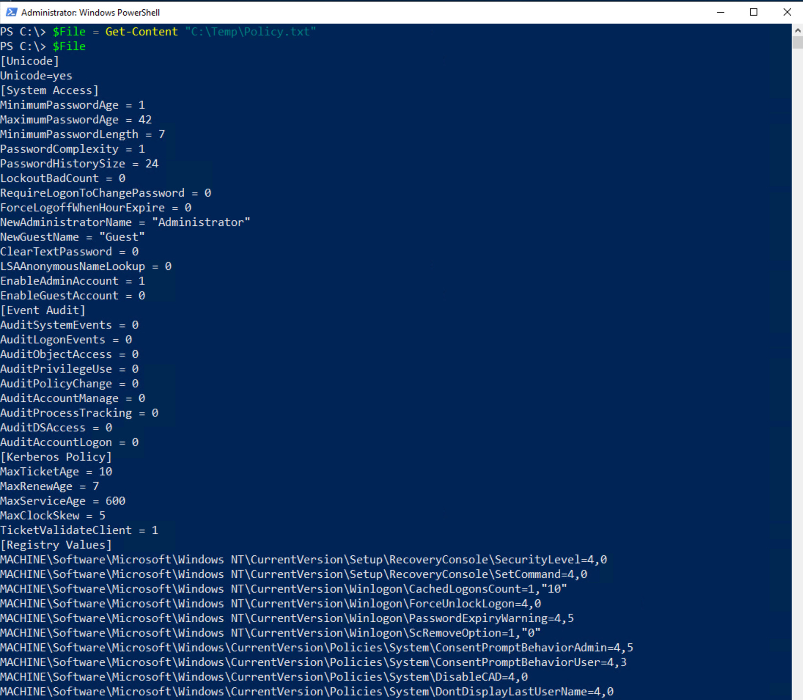 PowerShell reading the Policy.txt file