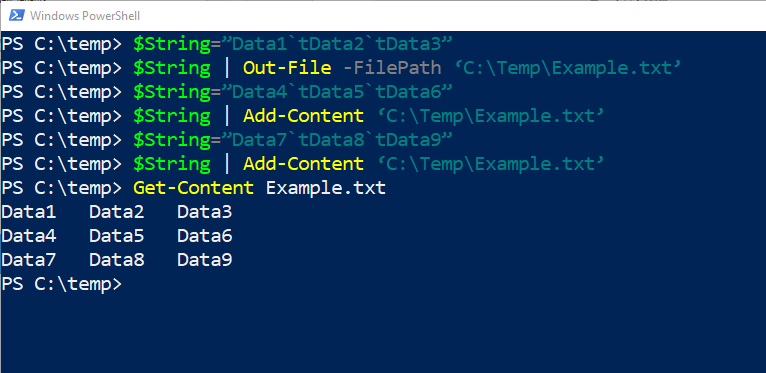PowerShell demo shows an escape code used to create tabbed data