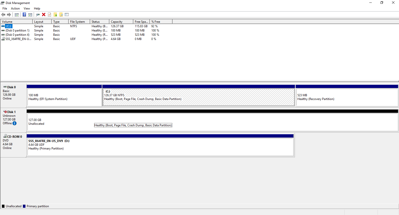 Screenshot shows Disk Management Console window