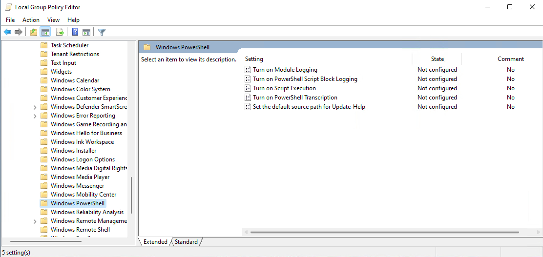 screenshot of PowerShell-related group policy settings