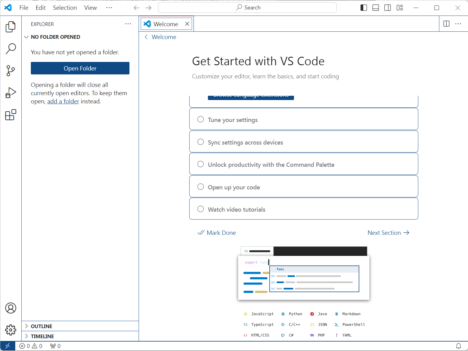 A screenshot shows the Add a Folder link during a Visual Studio Code setup process