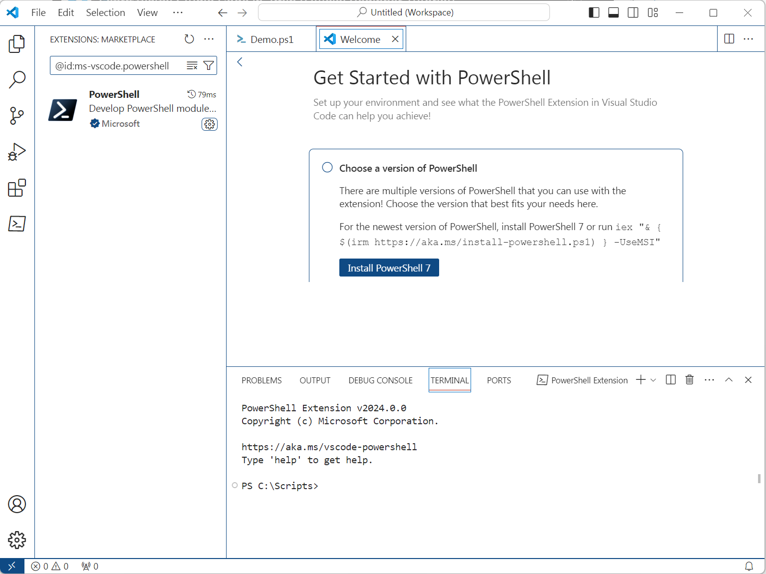 A Screenshot shows Visual Studio Code giving user the option to install PowerShell 7