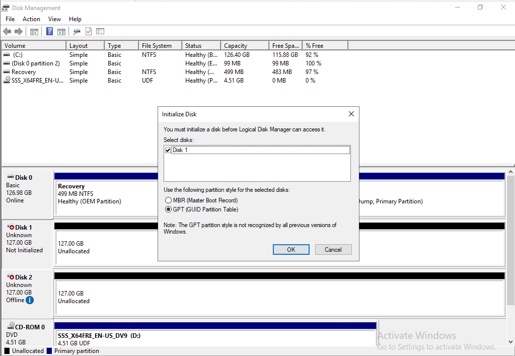 Screen shot of Windows Storage Replica's Initialize Disk function, with GPT (GUID Partition Table) enabled