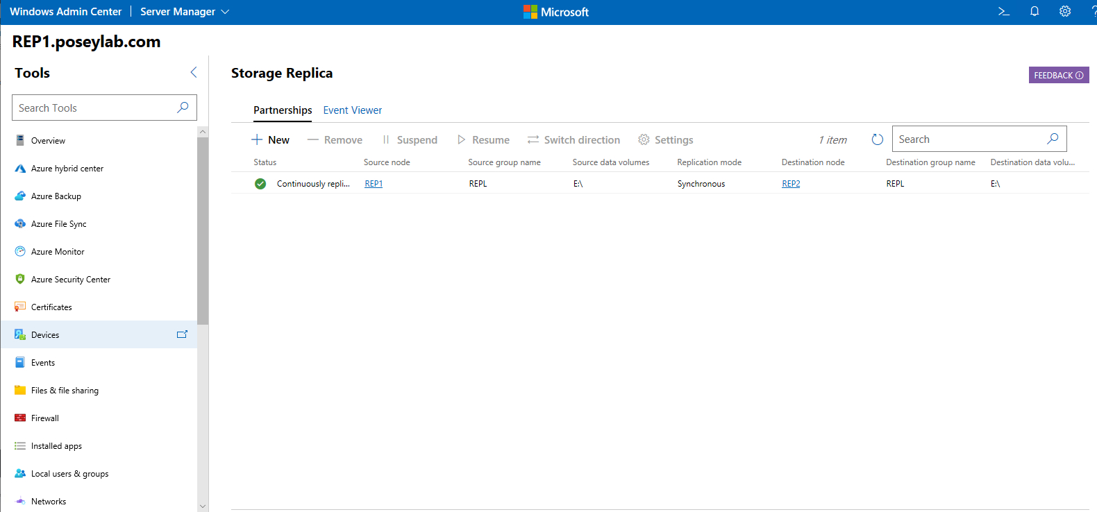 Screen shot of Storage Replica in Windows Admin Center, showing replication enabled