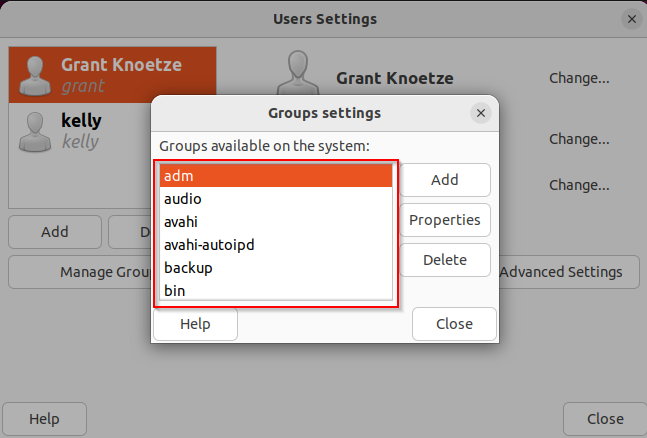 shows available groups for you to scroll through in the GUI tool