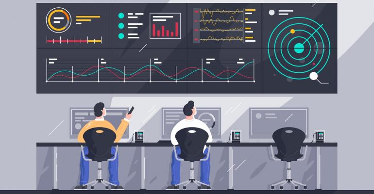 Illustration of employees with screens with charts at control center