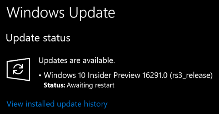 Screenshot: Windows 10 Update Status - Awaiting restart