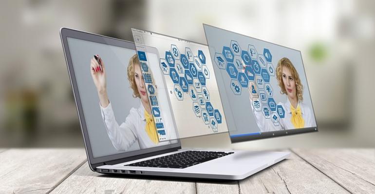 Laptop screen with an image of a woman holding a black marker, overlaid with another picture outside of the laptop showing a diagram, plus a third image with the two prior images combined.