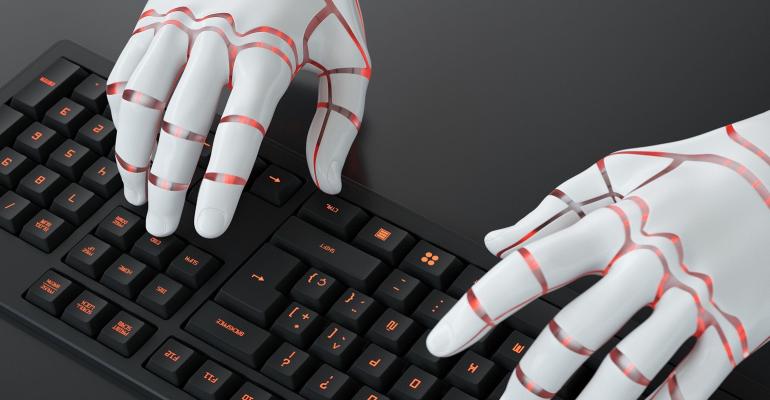 robot typing on keyboard
