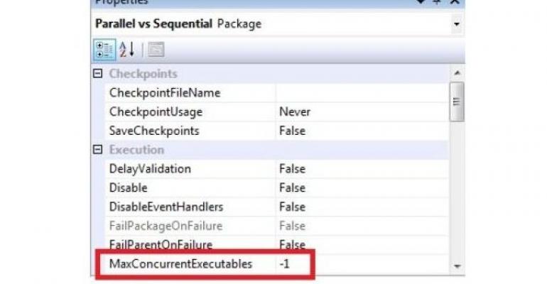 SQL Server Parallel vs Sequential Package Properties screenshot