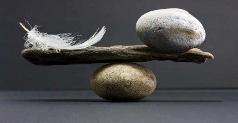 a stone and feather sitting on a piece of wood balanced on top of another rock