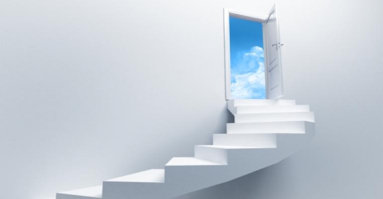 white stairs without rail leading to open white door blue sky through door