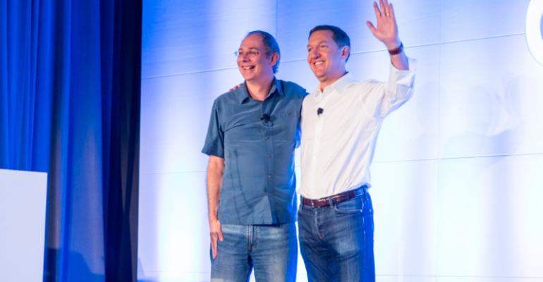 Wim Coekaerts vice president of open source at Microsoft and Jim Whitehurst CEO of Red Hat on stage at LinuxCon 2016 in Toronto Aug 23 2016 Licensed under Creative Commons Attribution by Libby Clark 