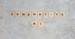 Wooden letter blocks spelling out Generative AI against marble stone