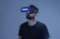 man wearing VR glasses touch virtual screen