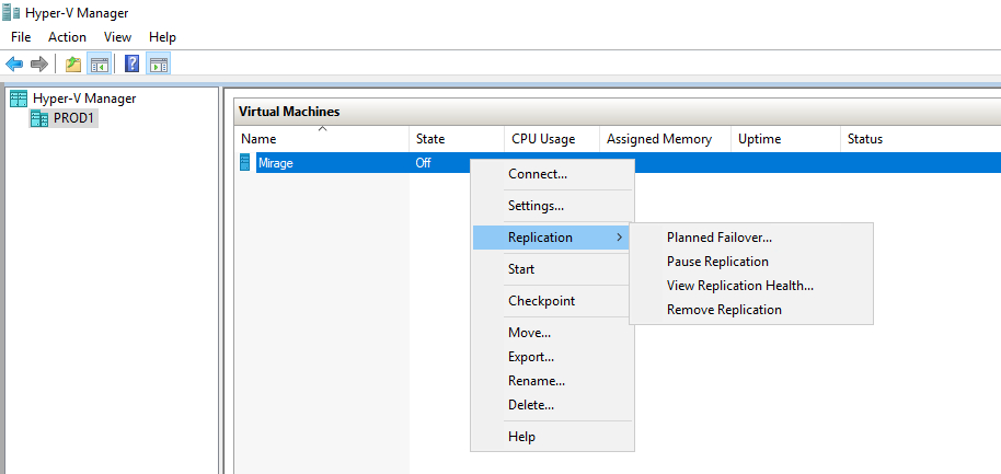 Virtual Machines window shows shortcuts menu and select Replication option being selected