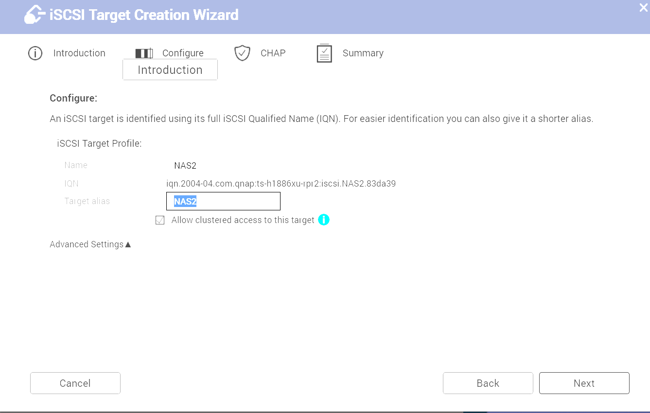 Screenshot of iSCSI Target Creation Wizard
