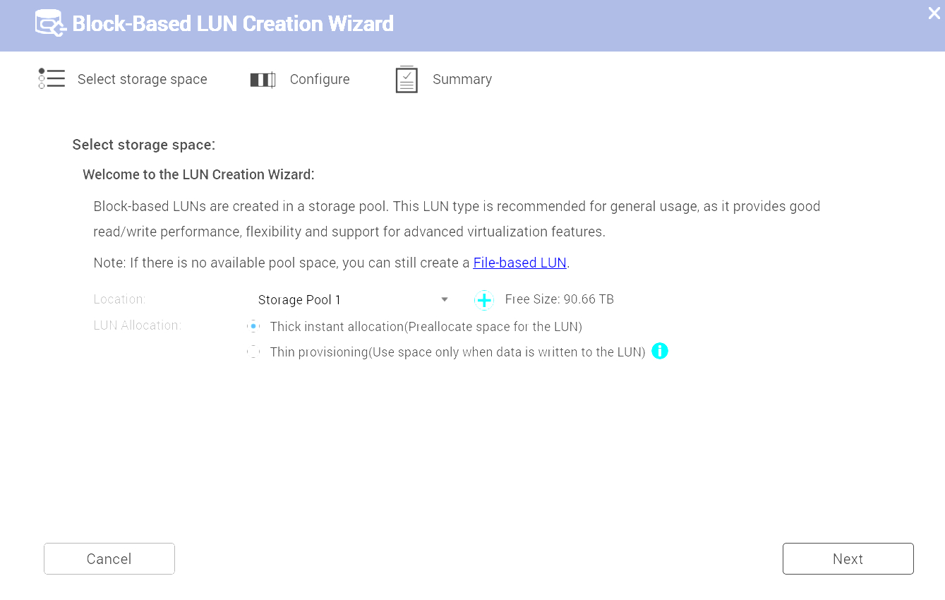 Screenshot of Block-Based LUN Creation Wizard